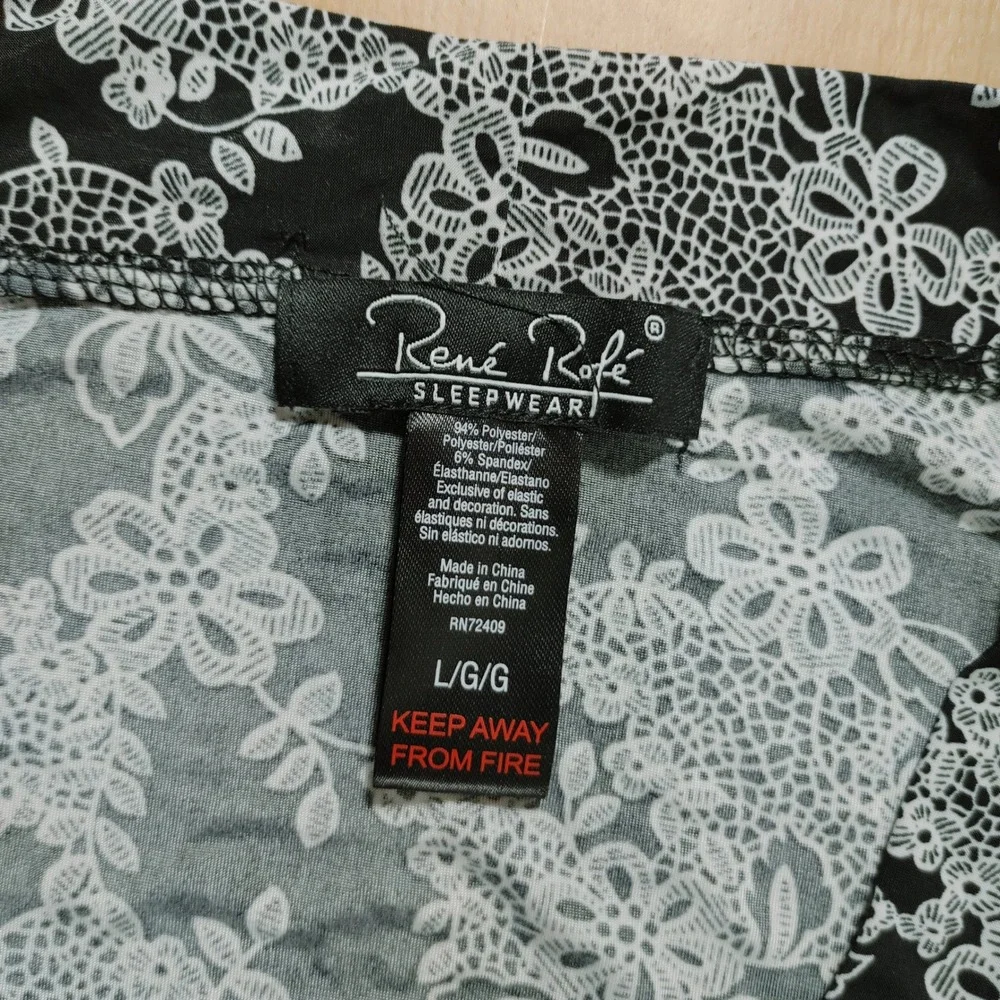 Rene Rofe Sleepwear Women's Black White Floral Robe Kimono Shorts Set‎ Size L
